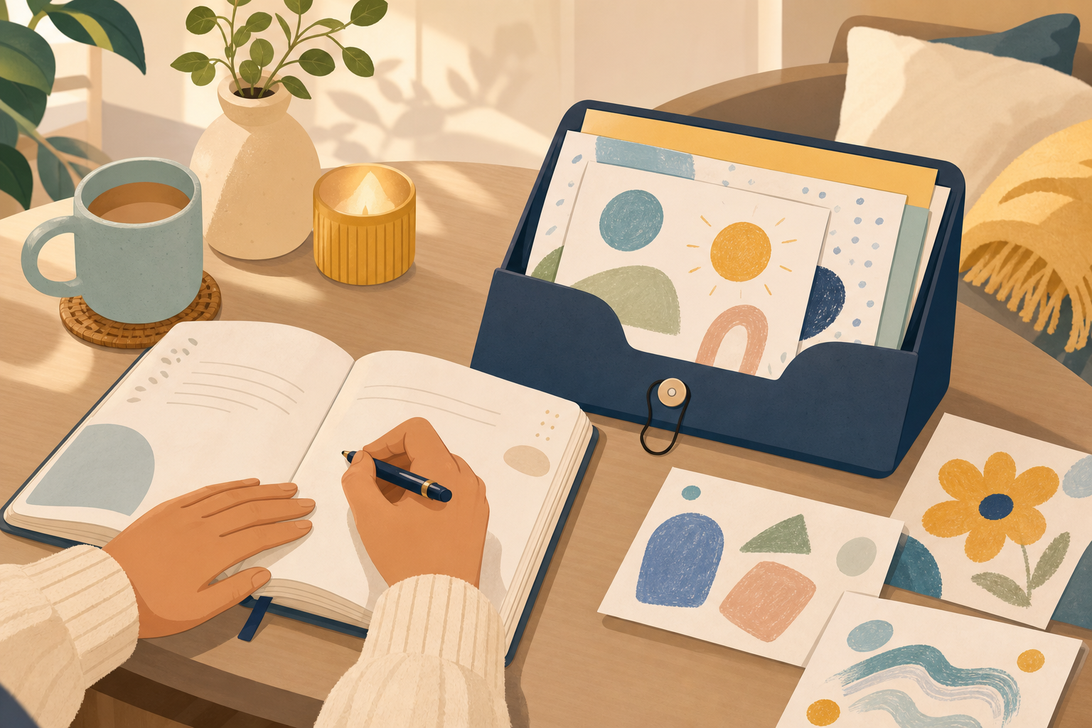 A parent writing in a learning journal beside a folder of children’s artwork and work samples, showing the kind of light records that make the annual progress report easy.