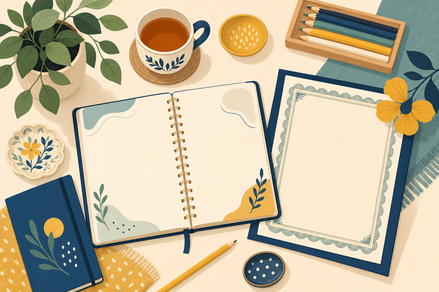 A home desk with a planning notebook, an identity document, coloured pencils and a cup of tea, laid out ready to prepare a home-education application.