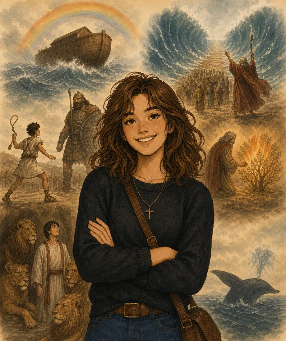 Sarah smiling with her arms folded, scenes from the great Bible stories painted behind her
