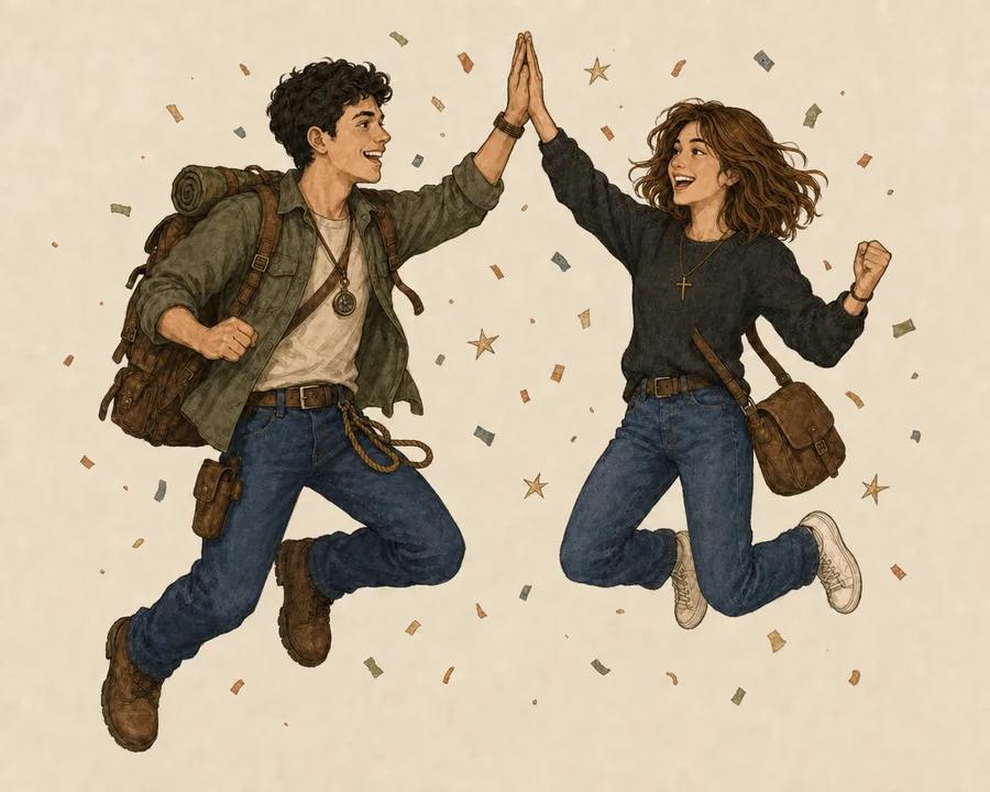 Sarah and John high-fiving with confetti