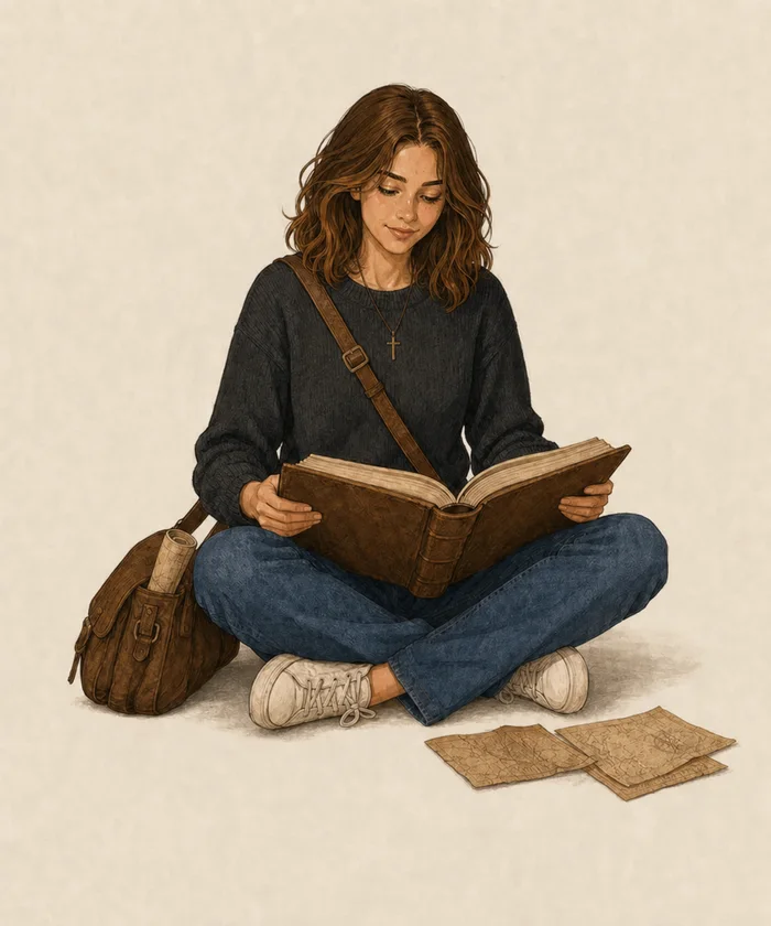 Sarah cross-legged, reading and learning