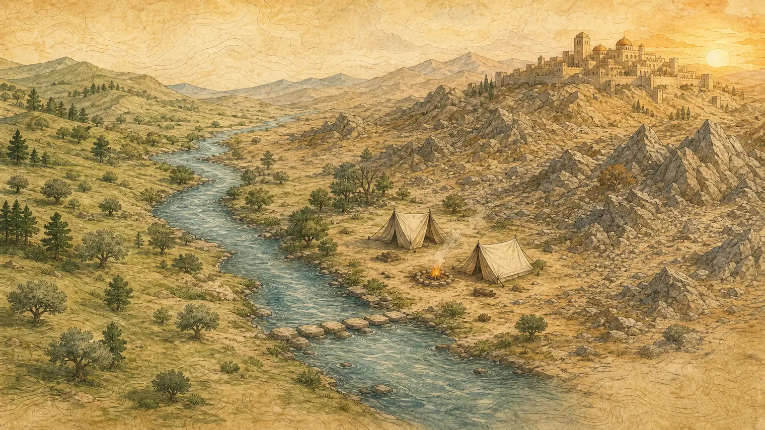 An illustrated parchment map: olive hills and a winding river with a stone crossing, a camp in the wilderness beyond it, and a walled city on a far hill lit by sunrise