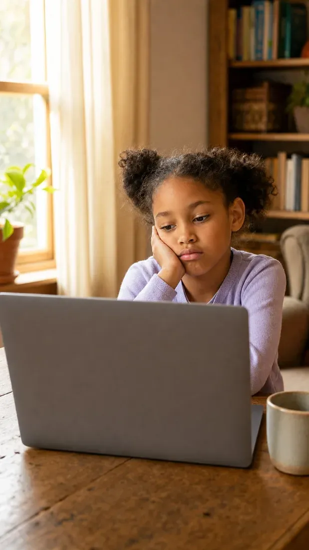A child slumped in front of a laptop, disengaged