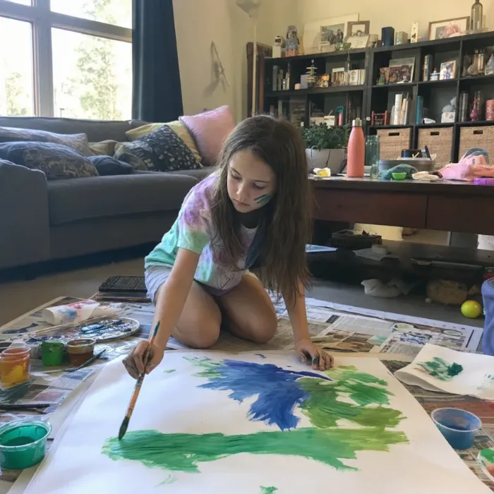 A girl painting a big blue and green artwork on the floor