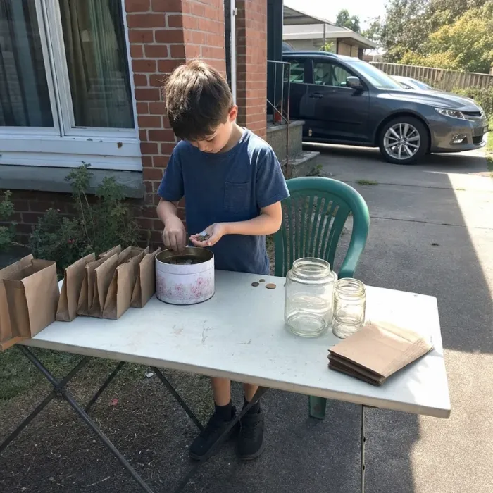 A boy counting coins at his market stall table