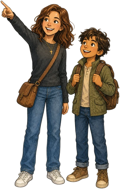Sarah standing at the near end of the road with a child in an adventure backpack, pointing the way ahead