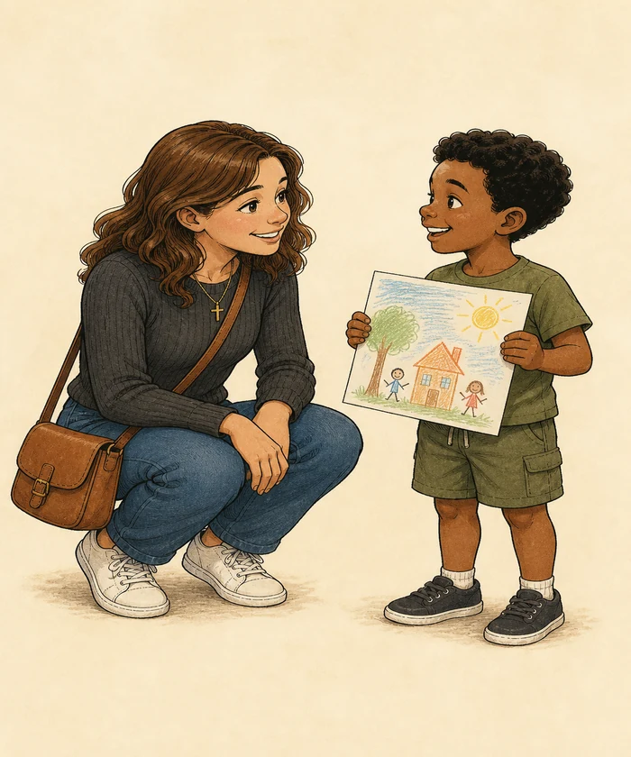 Sarah crouched down to a young boy's level, listening as he holds up a crayon drawing to show her