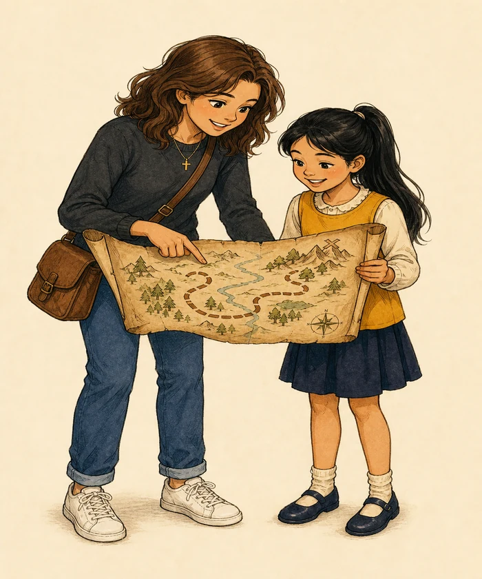 Sarah and a girl holding an unrolled adventure map open between them, tracing the path ahead