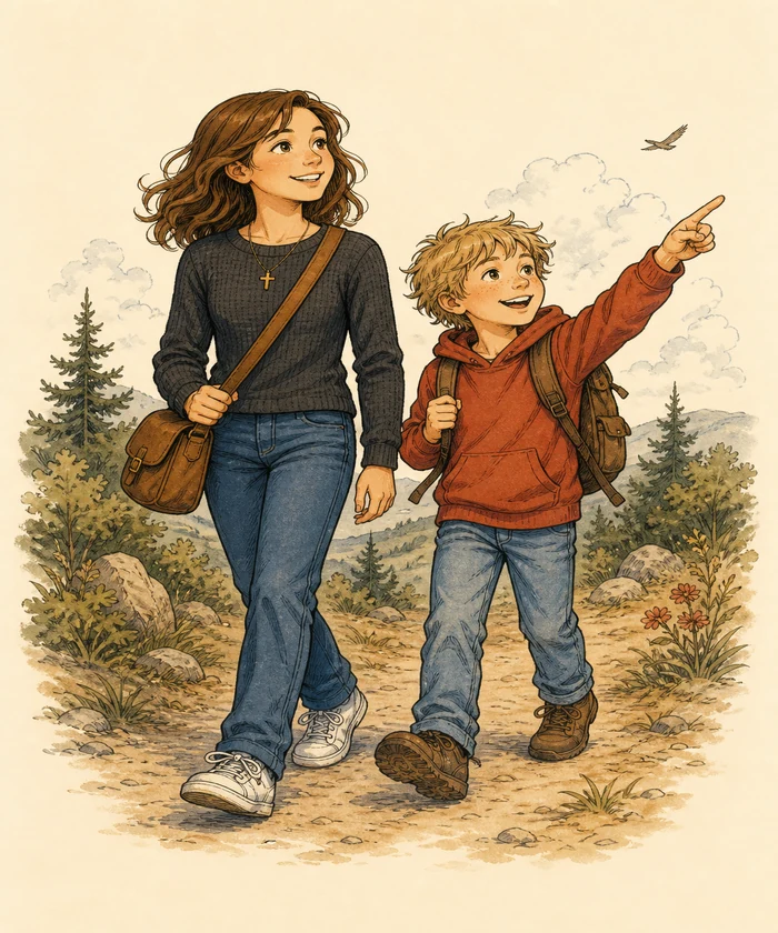 Sarah and a boy with a backpack striding off up the trail together, the boy pointing excitedly ahead