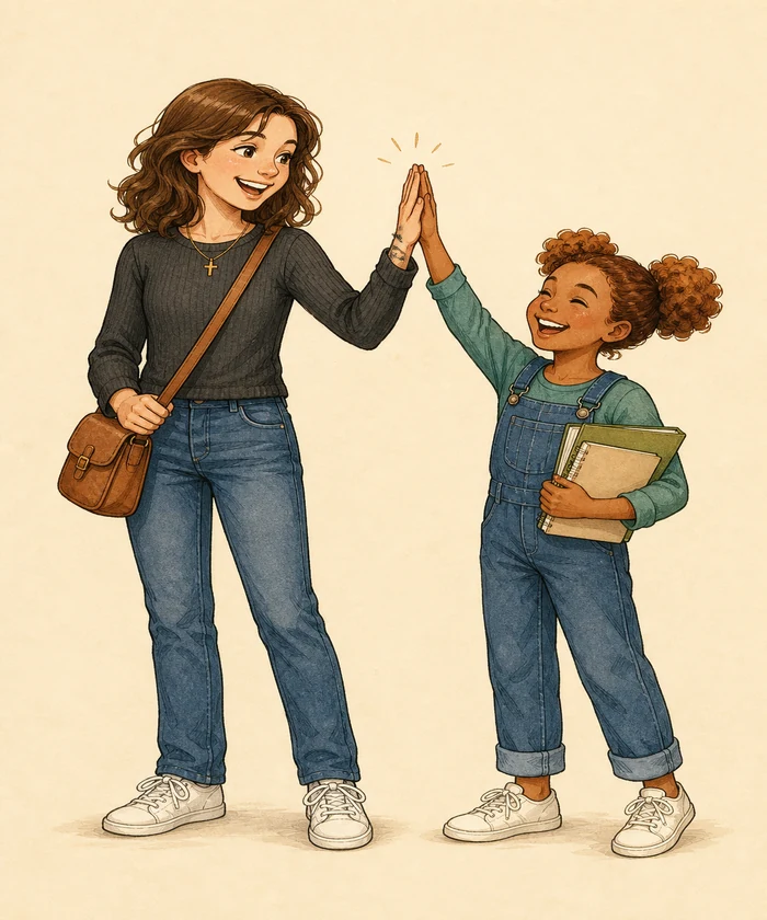Sarah high-fiving a girl who is carrying a neat folder of her work